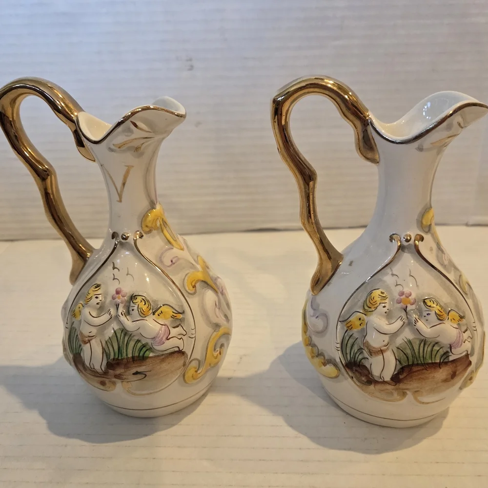 2 Victorian Style Oil Vinegar Cruet Set Cherub Angel Scenes  Decor Collectiblw